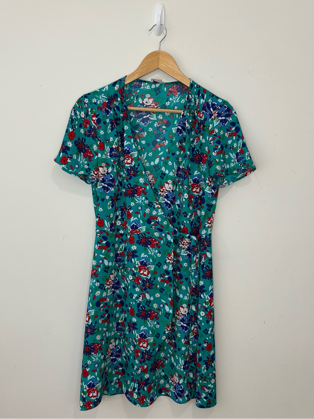 J. Crew Teal Floral Wrap Mini Dress Short Sleeves V Neck Size 6